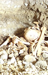 Restos humanos en una cámara funeraria en un enterramiento bajo el suelo de la II Dinastía (Image: Helwan Project, Macquarie University)
