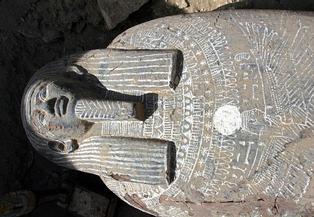 One of three newly discovered sarcophagi at the Saqqara pyramids near Cairo March 2, 2005. Australian archaeologists have discovered one of the best preserved ancient Egyptian mummies dating from about 2,600 years ago, Zahi Hawass, the head of Egypt's Supreme Council for Antiquities said. REUTERS/Aladin Abdel Naby