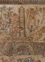 This Byzantine-period mosaic from northern Israel shows a man carving on a nilometer the highest level the Nile reached in that year. The picture inspired geoscientists to revisit historical river-level data and fill in the gaps, to reveal a seven-year cycle. Photograph by Yigal Feliks, by permission of the Israel Nature and Parks Protection Authority.