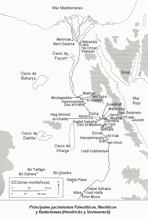 Principales yacimientos paleolíticos, neolíticos y badarienses